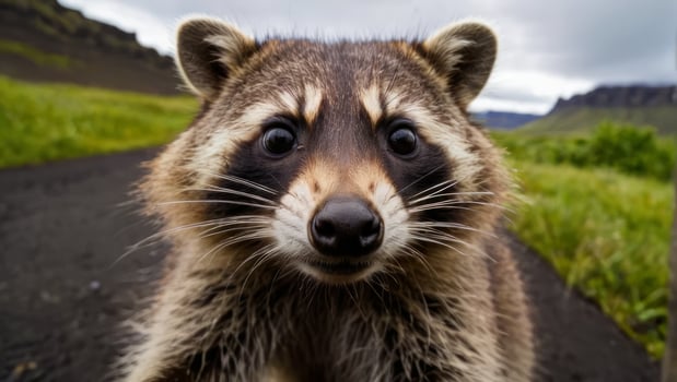 A close-up image of a raccoon with a curious expression, set against a backdrop of greenery and mountains photo