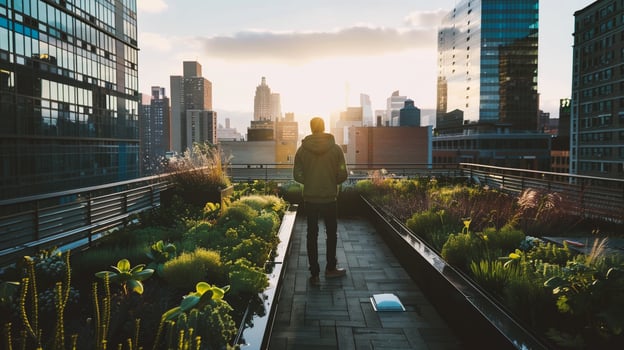 AI generated Man gardener standing on balcony of apartment and taking care of plants photo