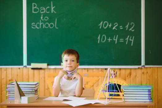 Schoolboy in the classroom in a protective mask. The concept of schooling during the epidemic photo