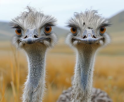 AI generated Two ostriches look at the camera. The pair of ostriches stand next to each other in a field photo