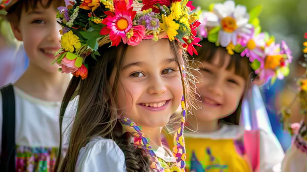AI generated A girl smiles and wearing colorful flowers on her head during an outdoor festival in spring photo