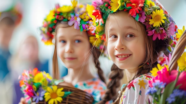 AI generated A girl smiles and wearing colorful flowers on her head during an outdoor festival in spring photo