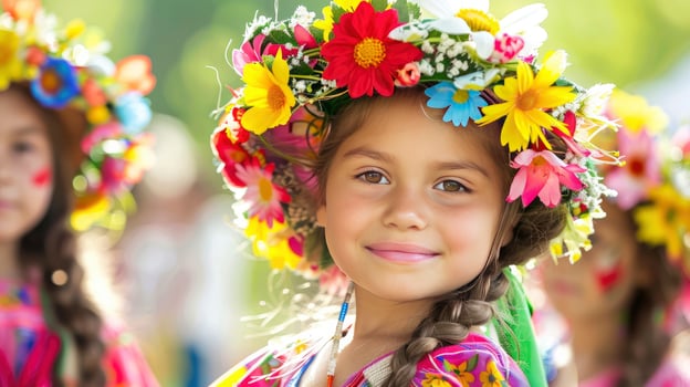 AI generated A girl smiles and wearing colorful flowers on her head during an outdoor festival in spring photo