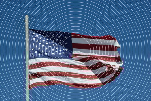 USA flag against blue sky National United State of America flag target circles. photo