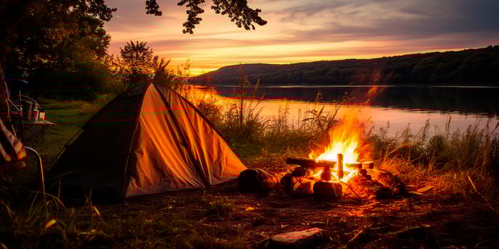 AI generated Photorealistic rendering of overnight camping on the beach. Camping photo
