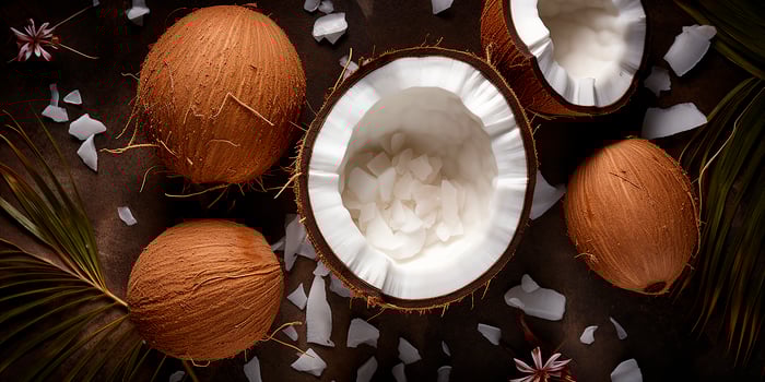 AI generated ripe coconut, top view. coconut pulp and juice close-up photo