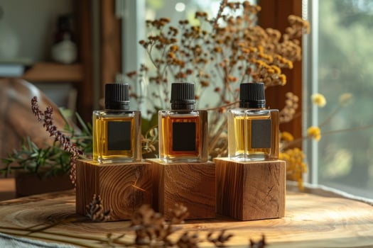AI generated bottles of essential oils, mockup, on wooden table photo