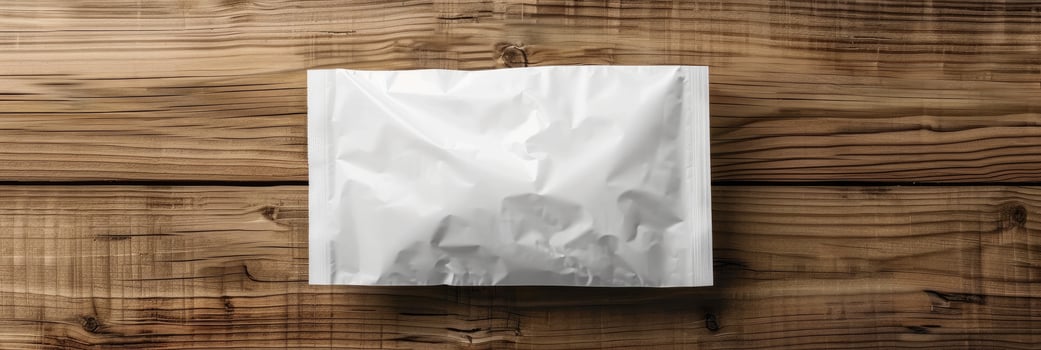 AI generated white packaging bag mockup, on a wooden table photo