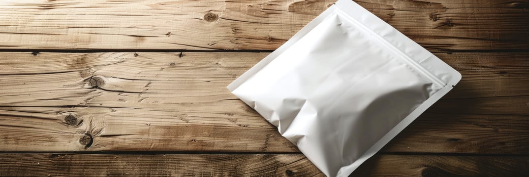 AI generated white packaging bag mockup, on a wooden table photo