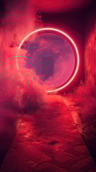 AI generated Smoky entrance with neon style lights, scenic backdrops photo