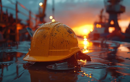 AI generated Yellow hard hat and safety glasses on the oil rig platform during sunset photo