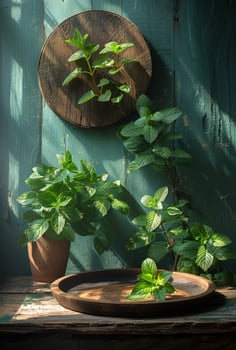 AI generated Fresh mint and wooden bowl on rustic table photo