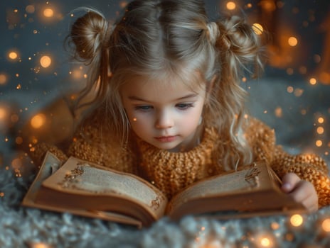 AI generated Cute little child girl is reading magic book lying on the bed photo