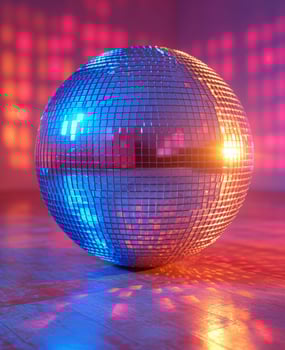 AI generated Mirrorball. Shiny disco ball on wooden floor with red and blue light photo