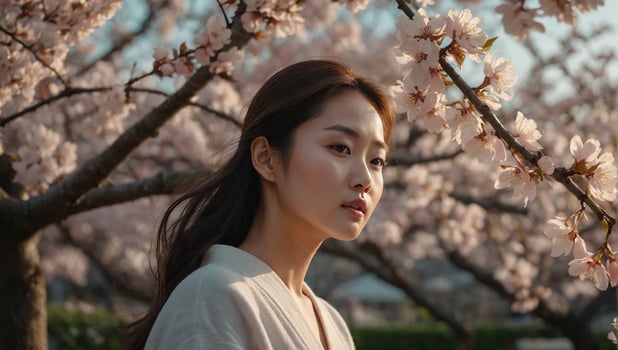 AI generated Outdoor beautiful fashion young Korean girl with blossom cherry flower Background photo