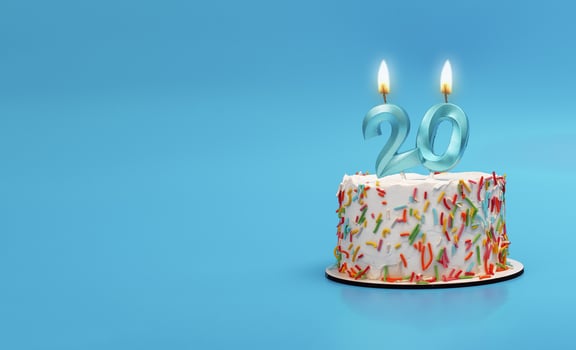 Birthday bento cake. 20th birth day, 20 number candle. Banner background, copy space for text photo