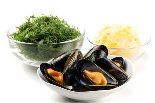 AI generated plate piled high with juicy steamed mussels, showcased on a pristine white background. AI Generated photo