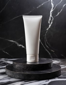 AI generated Blank Cosmetic Tube mockup on Marble Podium photo