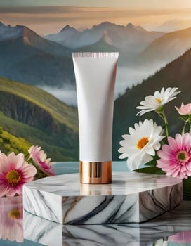 AI generated Blank Cosmetic Tube mockup on podiuum with Flowers and Mountains photo