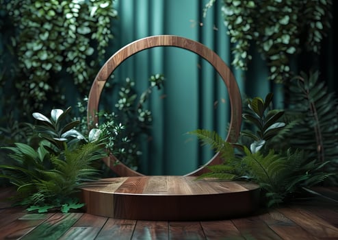 AI generated Cosmetics product advertising stand. Exhibition wooden podium on green background with leaves and shadows. Empty pedestal to display product packaging photo-realistic, realistic photo