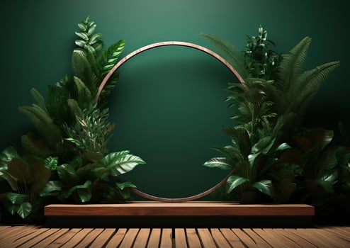 AI generated Cosmetics product advertising stand. Exhibition wooden podium on green background with leaves and shadows. Empty pedestal to display product packaging photo-realistic, realistic photo