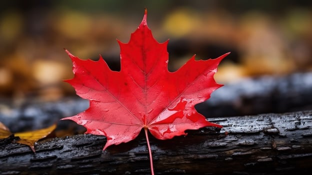 AI generated One vivid autumn colorful maple leaf in red and yellow colors. leaf color dry park close illustration forest autumn, natural season, outdoor garden leaf color dry park close photo