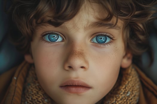 AI generated Blue Eyed Child with Freckles in Scarf photo
