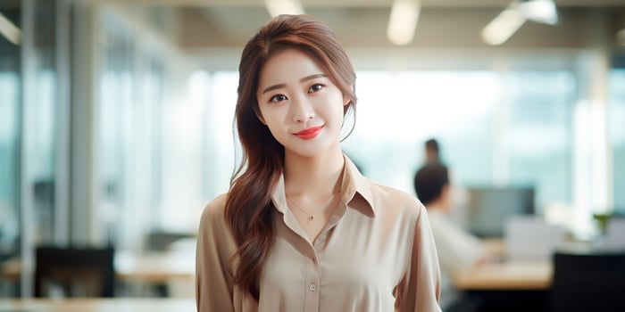 AI generated Portrait of a young confident Asian woman posing in the office. Business lady photo