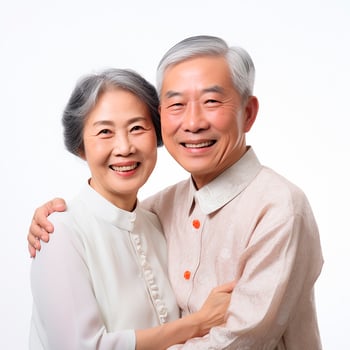 AI generated Family photo. Happy elderly Asian couple on white background photo