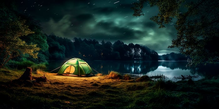 AI generated Photorealistic rendering of overnight camping on the beach. Camping photo