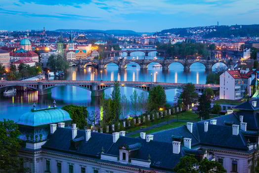 Evening view of Prague bridges over Vltava river photo