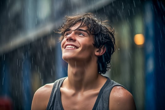 AI generated Young handsome happy man under the rain, closeup photo