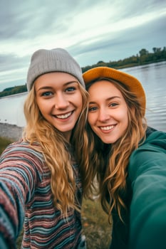 AI generated Two best friends young women taking selfie by the lake photo