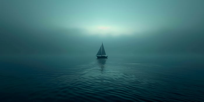 AI generated Minimalist depiction of a boat silhouette on a vast ocean photo