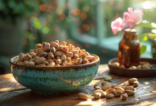 AI generated Bowl of pistachios on wooden table photo