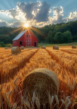 AI generated Red barn and hay bales sit in field at sunset photo