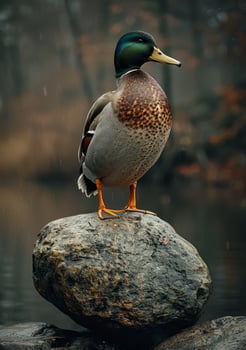 AI generated Duck stands on rock in the rain photo