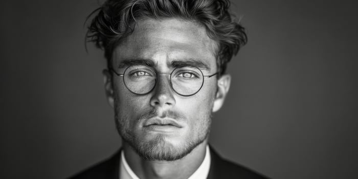 AI generated This monochrome photo captures a young man dressed in a suit and tie, complemented by stylish glasses. He exudes professionalism and sophistication in this portrait