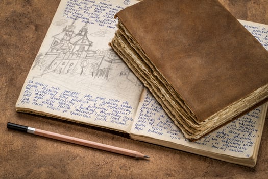 detail from a 1970s vintage travel journal with handwriting and pencil sketches,property release attached, and a retro leather-bound diary photo