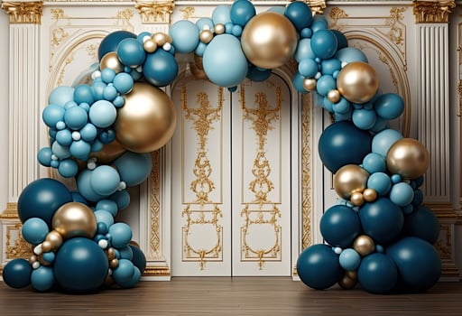 AI generated Festive arch made of gold, green and blue balls. AI generated. Luxury photo area.
