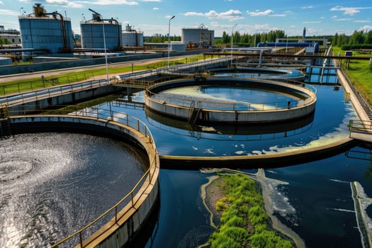 AI generated Modern wastewater treatment plant of chemical factory. Water purification tanks photo