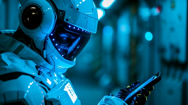 AI generated Humanoid robot uses a mobile phone. photo