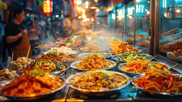 AI generated Taste of Asia at the Night Market, Vibrant Scene with Diverse Asian Street Foods from Eco-Conscious Vendors, Emphasizing Traditional and Modern Flavors. photo