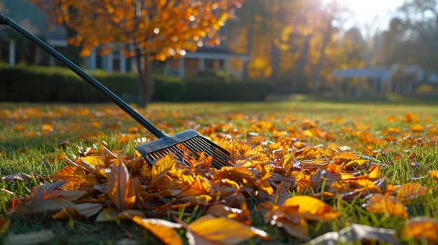 AI generated Photo raking leaves with fan rake from the lawn.