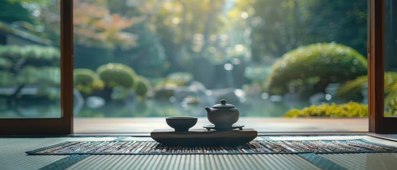 AI generated Serene Tradition. Traditional Japanese Tea Ceremony Set in a Tranquil Garden Setting, Immersing Participants in a Cultural Ritual of Tea Appreciation and Harmony with Nature. photo