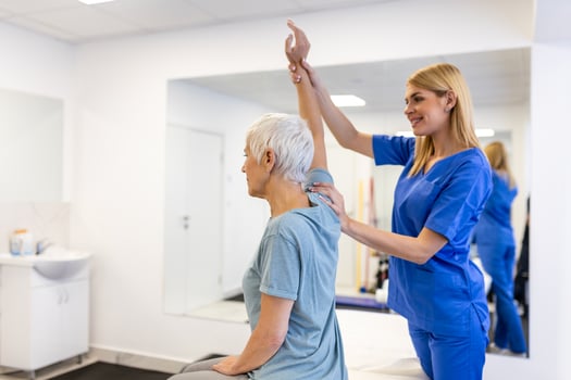 Patient stretching, physiotherapist woman and physical therapy help for muscle or arthritis exercise in consulting exam. Physiotherapy, chiropractor and healthcare rehabilitation support of woman photo