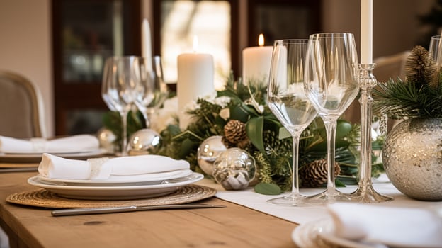 AI generated Christmas table decor, holiday tablescape and dinner table setting, formal event decoration for New Year, family celebration, English country and home styling photo
