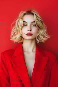 AI generated Confident Young Woman in Red Blazer Against Vibrant Red Background photo