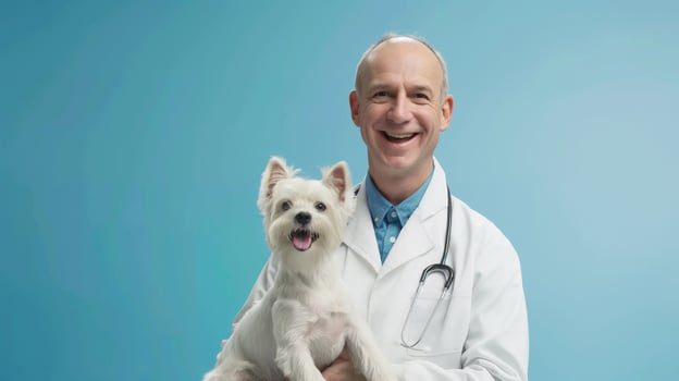 AI generated Furry Patients, A Wagging Tail and a Happy Vet, Skilled Veterinarian Holding a Cute Dog, Generative AI photo
