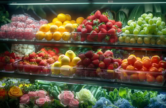 AI generated Fresh fruits and vegetables in supermarket photo